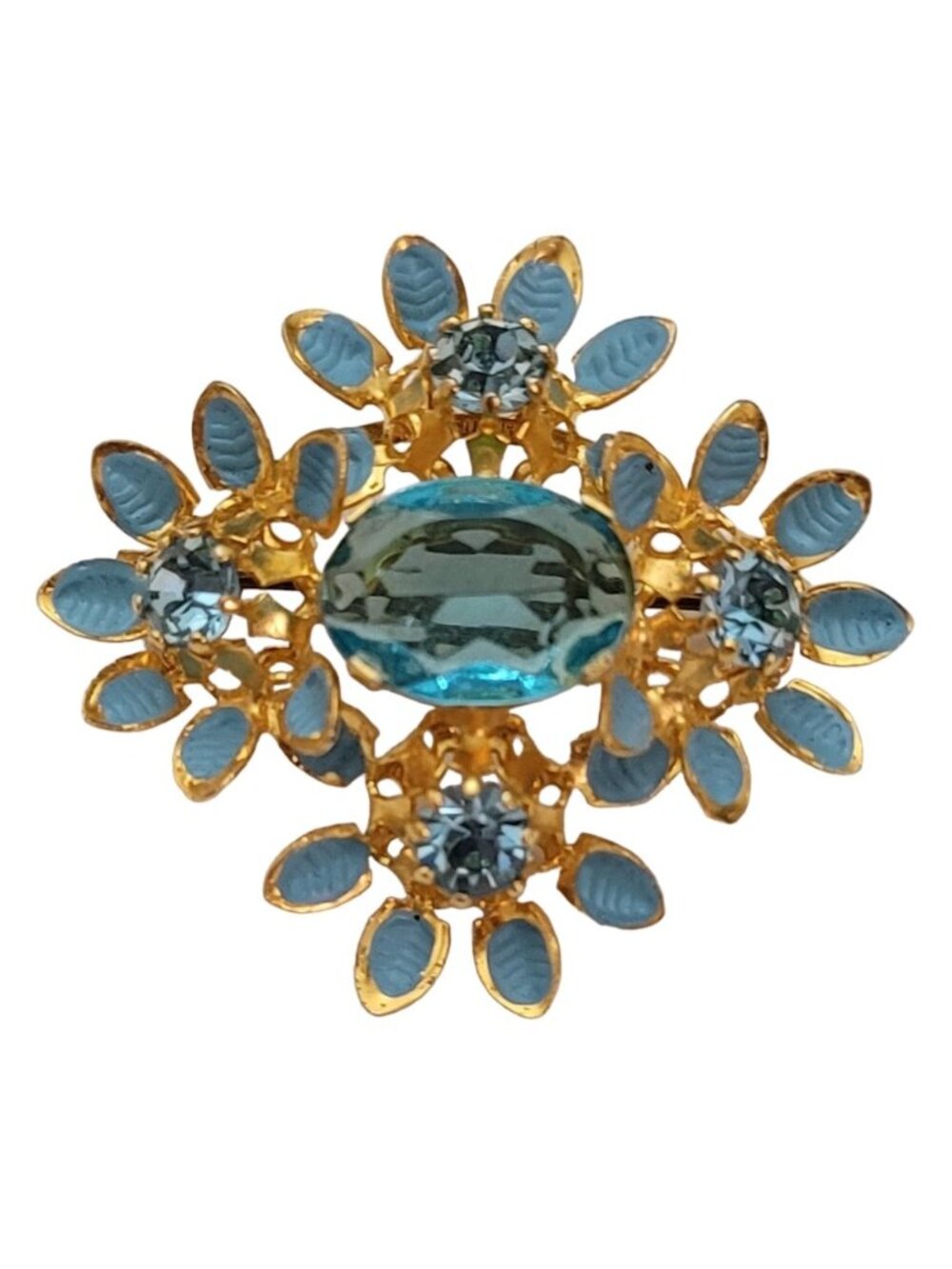 Austria Gold Tone Prong Set Rhinestone Enamel Flower Cluster Brooch, Signed E148